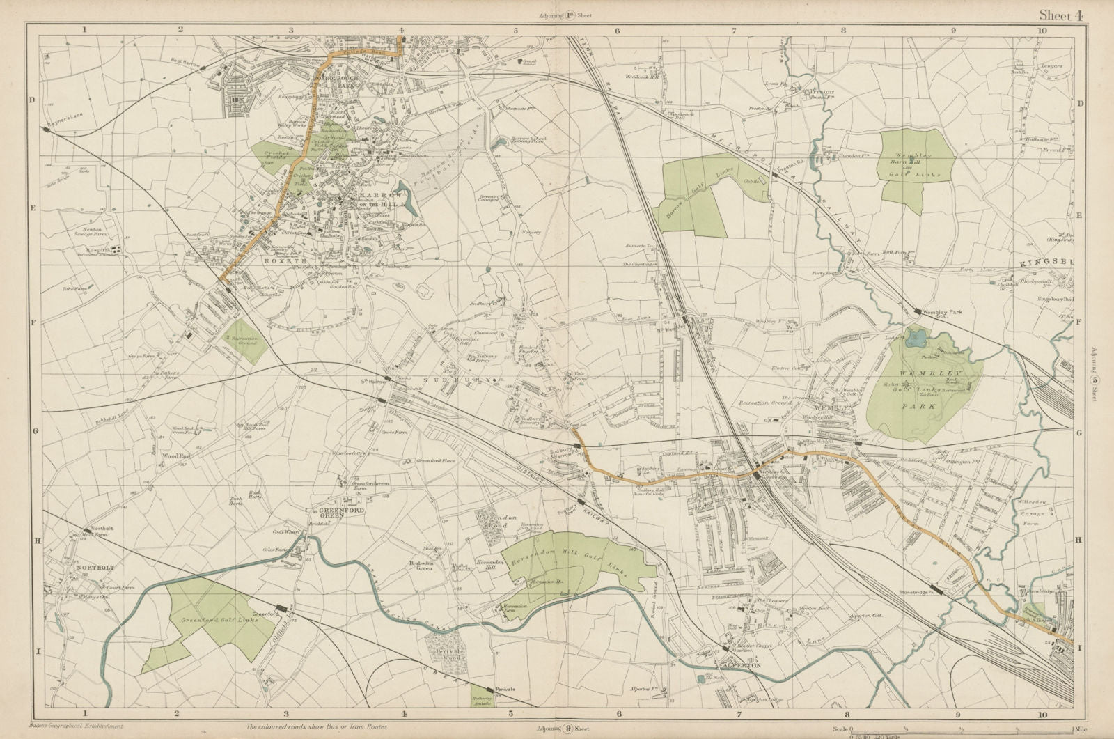 HARROW WEMBLEY BRENT Sudbury Greenford Northolt Kenton Alperton. BACON  1919 map